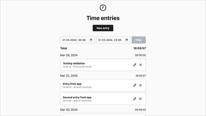 Screenshot of Timo's entries screen