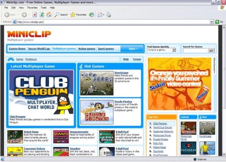 Screenshot of Miniclip in Internet explorer running on Windows XP