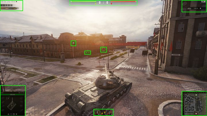 Screenshot of the Battle screen on World of Tanks PC with the UI elements marked with green boxes