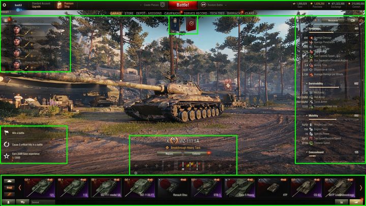 Screenshot of the Hangar screen on World of Tanks PC with the UI elements marked with green boxes