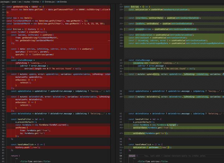 Screenshot of code diff in VS code after refactoring to Jotai