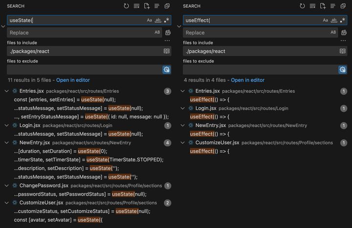 Screenshot showing the number of times useState (11) and useEffect (4) are used in the plain React version of Timo