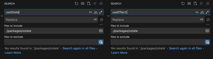 Screenshot showing the number of times useState and useEffect are used in the XState version of Timo