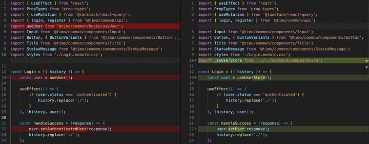 Screenshot of code diff in VS code from refactoring to Zustand