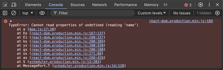 Screenshot of the Chrome dev tools console showing a type error for reading from undefined